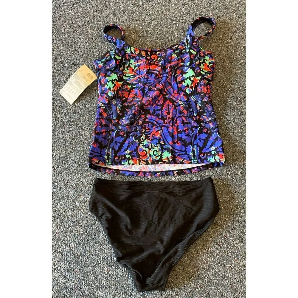NWT Gottex Tankini Bathing Suit 2 Piece Black Blue Green Red 10 New